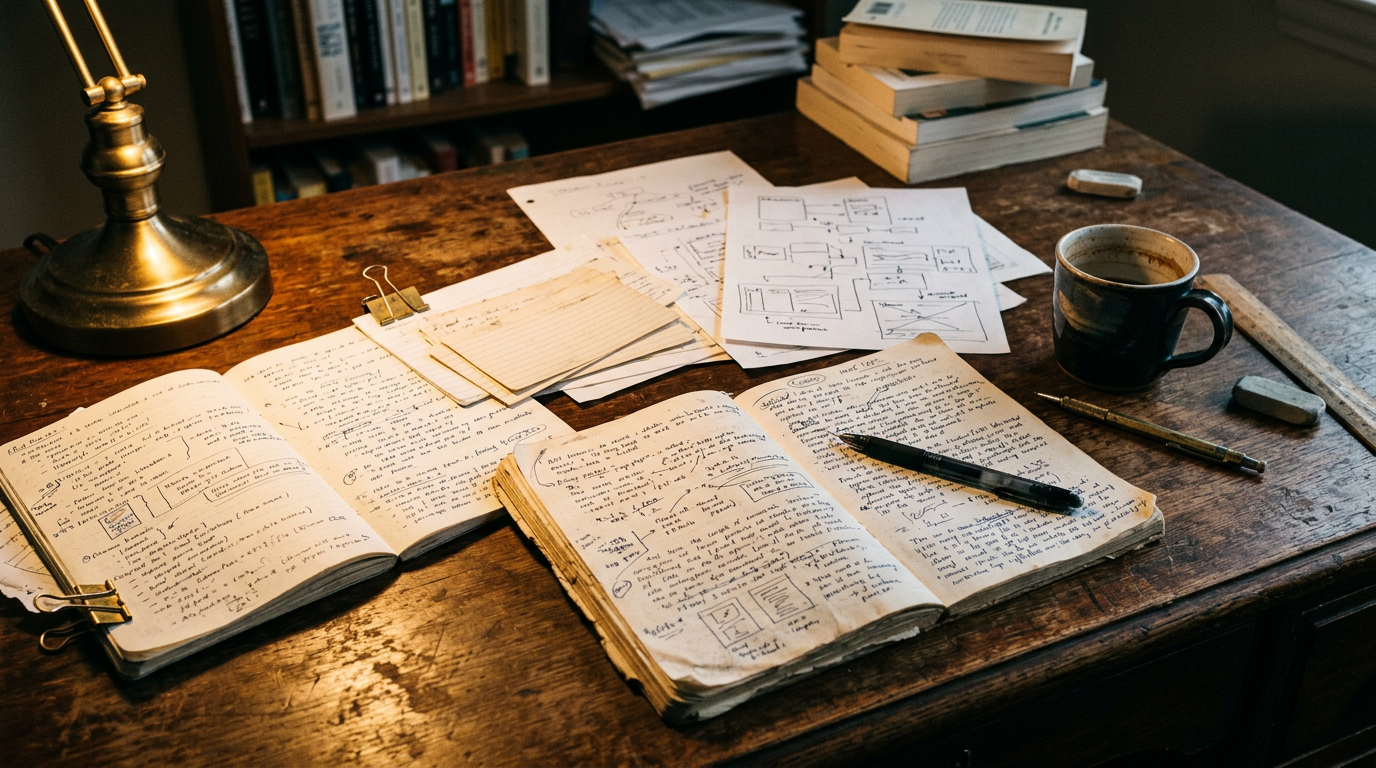 An image of a desk where deep thinking is occuring. 