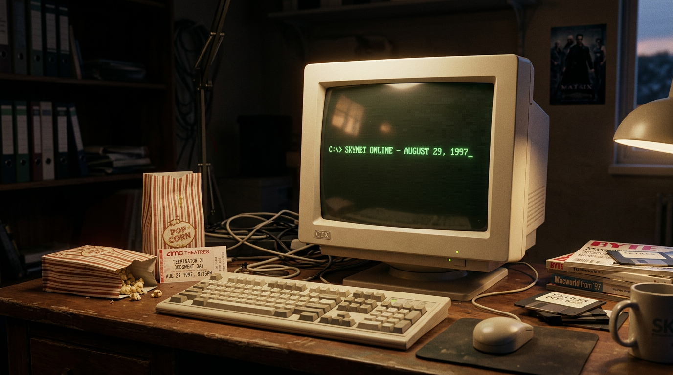 Image of terminal saying that the AI Skynet went online on August 29, 1997.